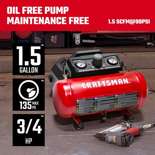 Vista 4 de Compresor de aire Craftsman de 1.5 galones, 3/4 HP, máximo 135 PSI, 1.5 CFM@90psi, tanque de aire sin aceite, compresor de aerógrafo eléctrico