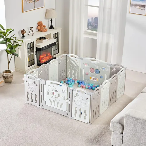 Vista 5 de Albott Corralito para bebés, 14 paneles plegable con panel de juego y puerta de seguridad, forma ajustable, patios de juegos portátiles para niños