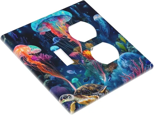 Vista 3 de Placa decorativa para interruptor de luz, medusas, tortugas marinas, fantasía, océano, 2 bandas, 1 palanca, 1 placa de pared dúplex, cubiertas