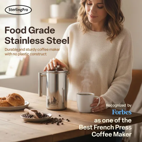Vista 5 de SterlingPro Cafetera de prensa francesa de acero inoxidable de 1 L (34 onzas) con espejo, prensa de café grande aislada de doble pared, diseño