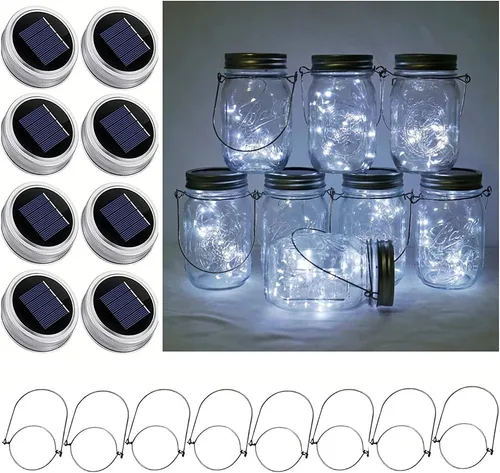 Vista 8 de Decorman Luces solares para tarros de masón, paquete de 8 tiras de luces impermeables con 8 ganchos para patio, jardín, fiesta, boda, decoración