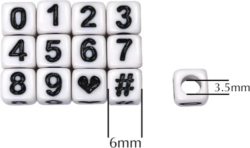 Vista 2 de Melius - 500 piezas de cuentas acrílicas con números para hacer joyas, collares DIY, llaveros, pulseras (6x6 mm cuadradas, blancas)