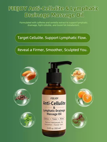 Vista 2 de Aceite corporal y aceite de masaje, aceite reafirmante corporal para celulitis, drenaje linfático, reafirmante de la piel y estrías, aceite
