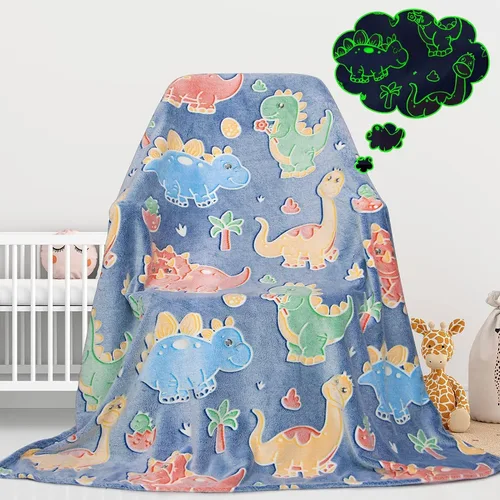 Linda manta para niños que brilla en la oscuridad con dinosaurios para niños de franela, mantas luminosas para cama, sofá, sofá cama, suaves y