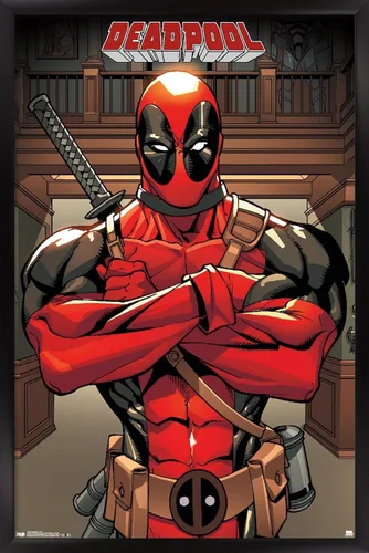 Vista 7 de Trends International Marvel Comics Deadpool - Póster de pared de postura, 14.725 x 22.375 pulgadas, versión enmarcada de madera de granero