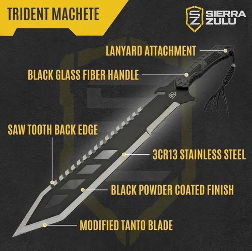 Vista 2 de Sierra Zulu Trident Machete - Acero inoxidable, 24.0 pulgadas en general, hoja modificada Tanto con borde trasero de diente de sierra, funda táctica