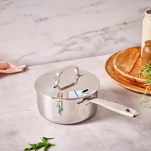 Vista 7 de Alva Maestro - Cacerola de acero inoxidable recubierta de 5 capas con tapa, olla pequeña de 1.5 cuartos de galón, compatible con inducción, apta