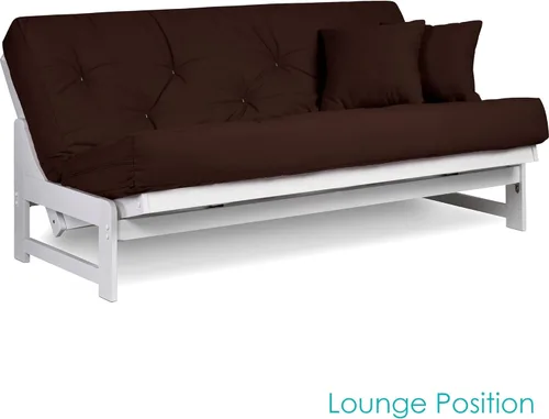 Vista 3 de Juego de futón Nirvana Futons Arden blanco, completo o queen, marco de futón de madera sin brazos con colchón incluido, cómodo, ahorro de espacio