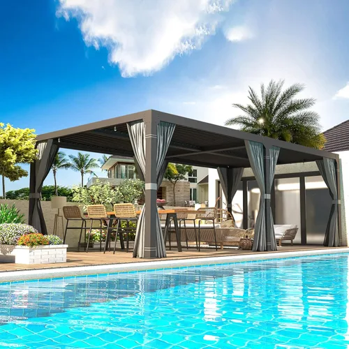 Vista 15 de EROMMY Pérgola con Persianas 10' x 10' Pérgola de Techo Rígido para Exteriores con Marco de Aluminio y Techo de Metal Ajustable Impermeable