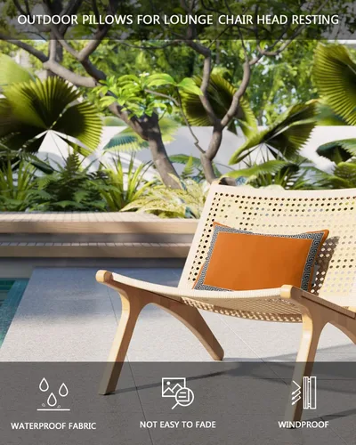 Vista 4 de Paquete de 2 fundas de almohada lumbar de color naranja quemado, impermeables, para exteriores, con patrón de clave griega, geométrica, para patio