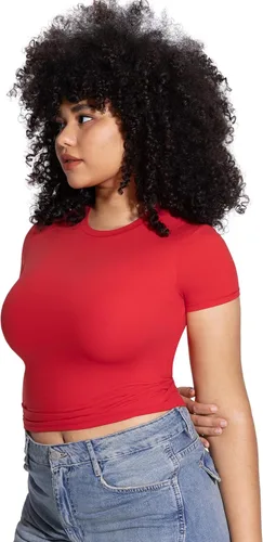 Vista 3 de PUMIEY Camiseta básica de manga corta con cuello redondo para mujer, con doble forro, ajustada, colección Smoke Cloud Pro