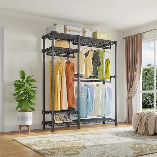 Vista 2 de VIPEK V2 Perchero de Ropa de Servicio Pesado, Percheros de Ropa de Metal Portátiles con 4 Niveles de Estantería de Alambre Ajustable y 3 Barras