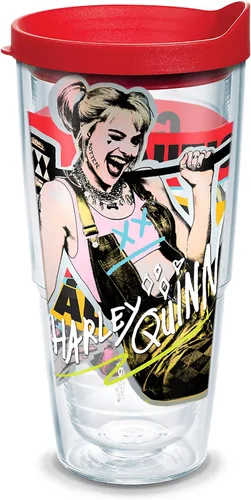 Tervis 1345089 Warner Brothers - Vaso aislado Harley Quinn de Birds of Prey con envoltura y tapa roja, 24 onzas, transparente