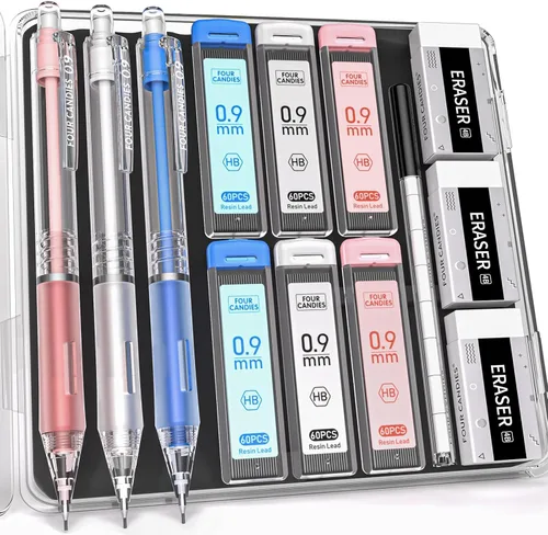 Vista 10 de Juego de lápices mecánicos Four Candies con estuche, 3 lápices mecánicos estéticos de 0.5 mm con 360 piezas de minas de recambio HB, 12 gomas