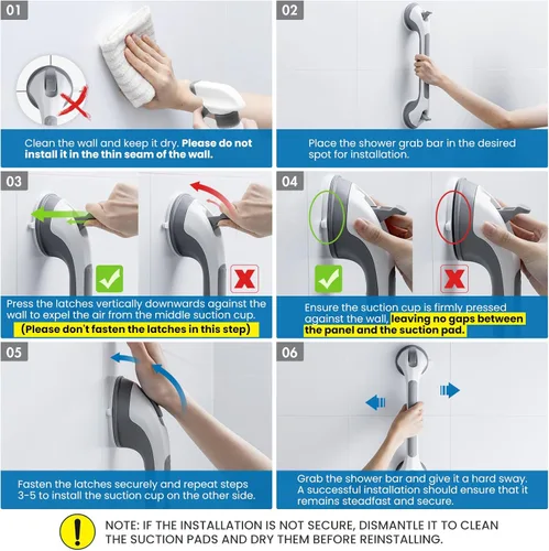 Vista 5 de LEVERLOC Barras de agarre para bañeras y duchas, mango de ducha de 17 pulgadas con fuertes ventosas, pasamanos de baño, agarre de seguridad