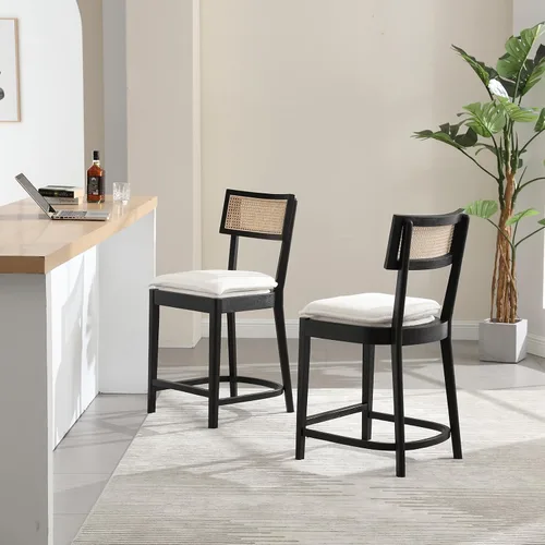 Vista 17 de Boucle Taburetes de bar de altura de mostrador, taburetes de ratán modernos de 26 pulgadas con respaldo de bastón, sillas de bar de mediados