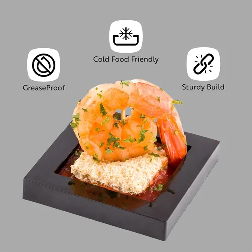 Vista 4 de Restaurantware Platos de postre de 2.5 x 2.5 pulgadas, 100 platos desechables para aperitivos, para alimentos fríos, mini platos de plástico negro