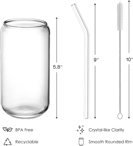 Vista 7 de NETANY Juego de 4 vasos para beber con popote de vidrio, vasos de vidrio Highball de 16 onzas, vasos de cerveza, vasos de café helado, lindo vaso
