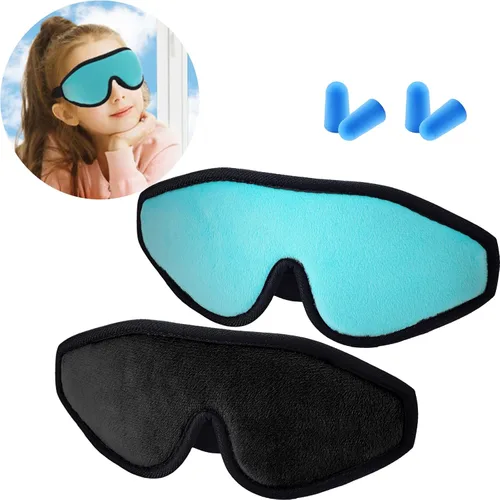 Vista 11 de 2 Piezas Máscaras de Sueño 3D para Niños de Espuma Viscoelástica Contorneada para los Ojos, Cubierta de Ojos para Dormir de Viaje con Correa Azul