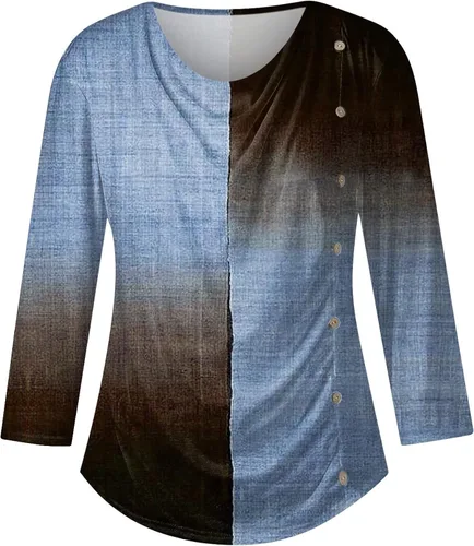 Vista 5 de Nadition Tops for Women 2023 Long Sleeve Shirts for Women Side Buttons Blouses for Women Crew Neck Womens Sweatshirt Pullover