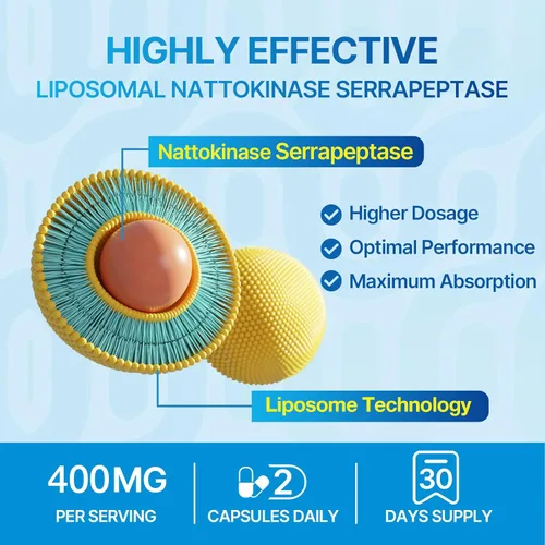 Vista 4 de Suplemento enzimático liposomal nattoquinasa 12,000 FU Serrapeptasa 360,000 SPU - Enriquecido con enzimas sinérgicas y mezcla de nutrientes e