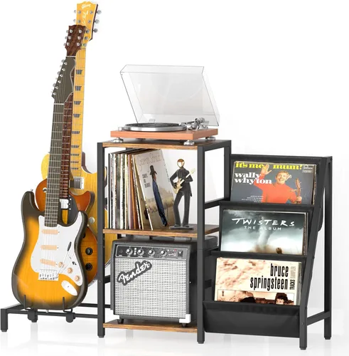 Vista 9 de Bikoney - Soporte para tocadiscos, soporte para guitarra acústica, eléctrica, bajo con soporte para amplificador, almacenamiento de discos de vinilo