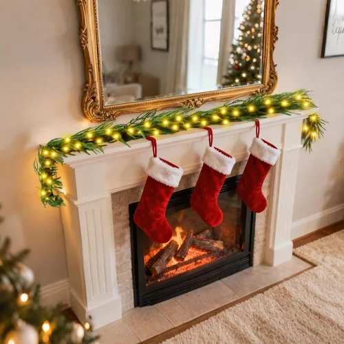 Vista 2 de Guirnaldas artificiales de pino Norfolk de 2.7 m con luces, guirnalda de vegetación navideña de toque real para manto, escalera, barandilla