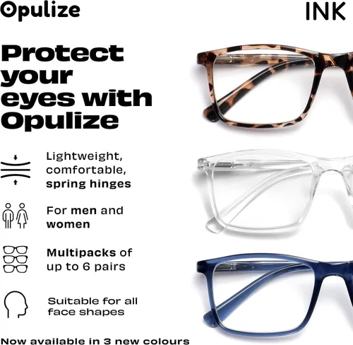 Vista 7 de OPULIZE INK - Gafas de lectura – Paquete económico de 2 – Marco rectangular grande – Bisagras de resorte – Resistente a los arañazos – Brazo negro