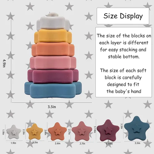 Vista 5 de Promise Babe Anillos apilables de silicona con forma de estrella, bloques de apilador suave para bebés, juguetes sensoriales de desarrollo, estrella