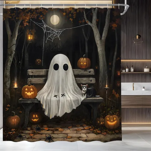 Vista 3 de Halloween Ghost Shower Curtain Horror Spooky Forest Pumpkin Black Cat Scary Spider Moon Night Party Trick Or Treat Fabric Bathroom Curtain Set with