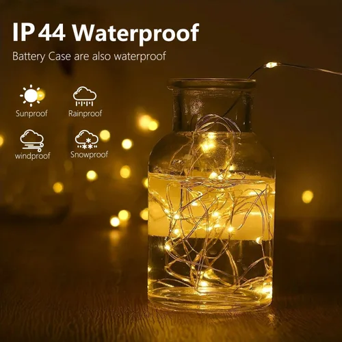 Vista 70 de Paquete de 2 guirnaldas de luces LED, funcionan con pilas, 5 m, 50 luces intermitentes, temporizador, impermeables, para habitaciones, bodas