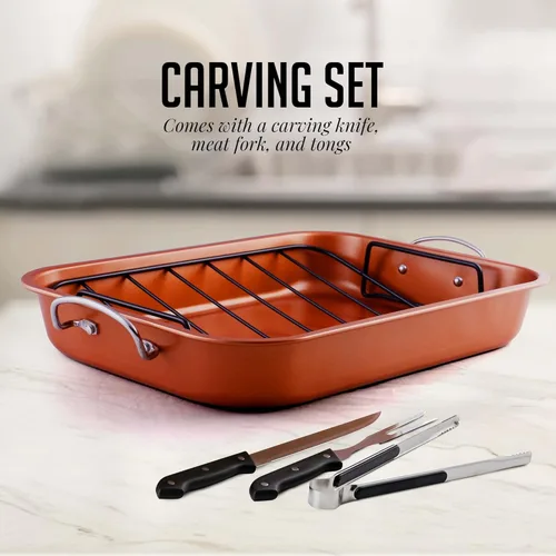 Vista 3 de OVENTE Stainless Steel Roasting Pan with V-Shape Rack and Carving Set, 15x11.75 Inch Nonstick Roaster Tray, Oven & Dishwasher Safe Bakeware Dish for