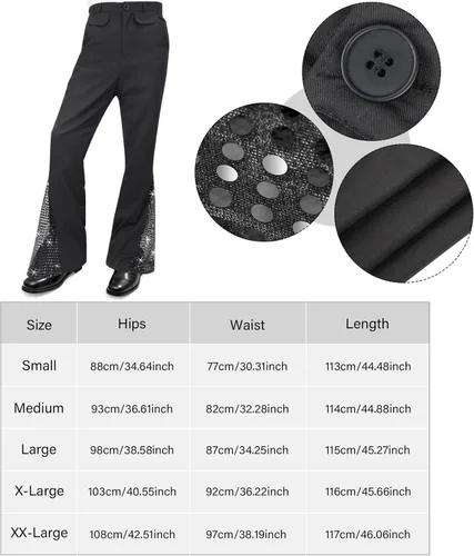 Vista 2 de Men's 70s Disco Costume Sequin Bell Bottom Pants Mens Bootcut Trousers with Wig Sunglasses Disco Necklace for Party