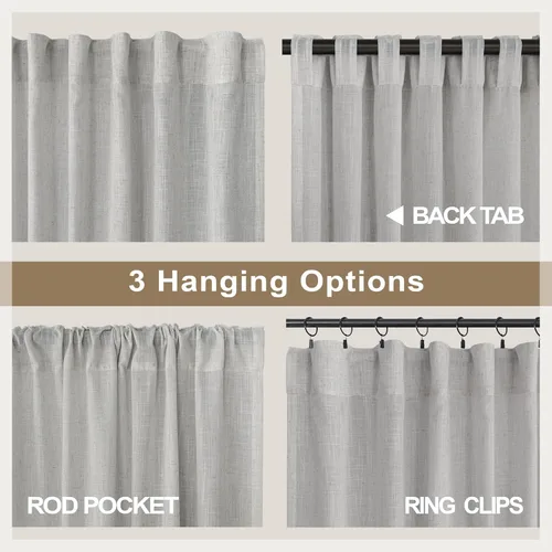 Vista 4 de Cortinas largas grises de 108 pulgadas para sala de estar, juego de 2 paneles con bolsillo para cortinero y trabillas traseras, cortinas de lino
