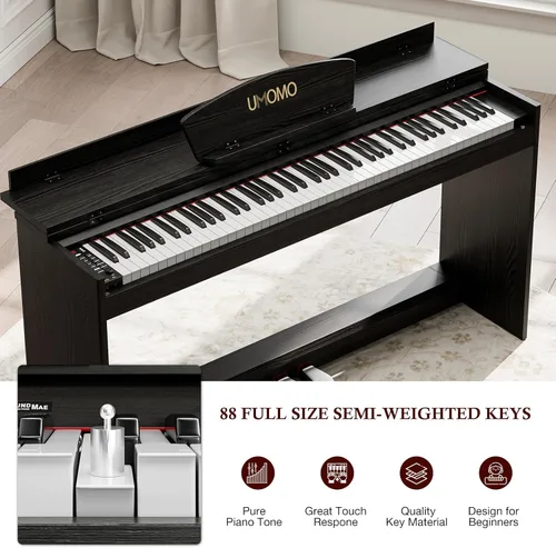 Vista 3 de UMOMO U-710 - Teclado de piano digital de 88 teclas, piano eléctrico de tamaño completo con soporte para piano, conector para auriculares, 3