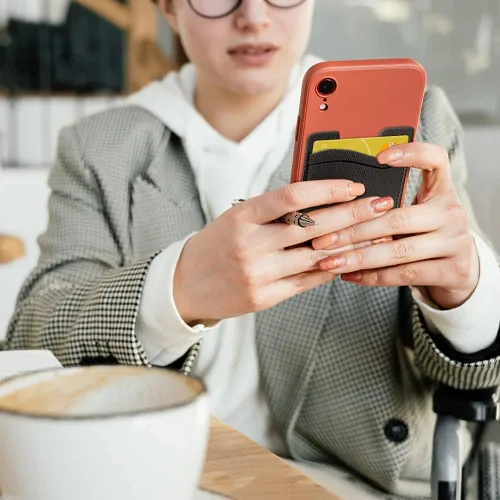 Vista 6 de Soporte para tarjetas de teléfono, billetera de cuero para teléfono, soporte elástico para la parte posterior del teléfono, tarjetero para tarjetas