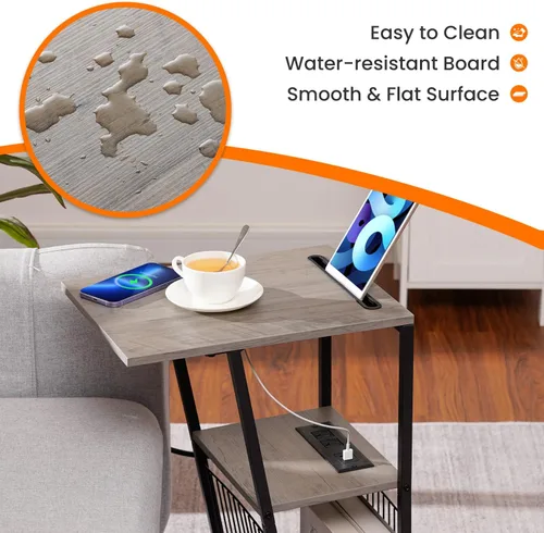 Vista 9 de Heybly HET001CSG2 - Juego de 2 mesas auxiliares en forma de C con estación de carga, soporte para teléfono, 2 puertos USB y tomas de corriente