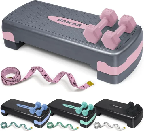 Vista 7 de Juego de Step Aeróbico con Mancuernas y Cinta Métrica, Altura Ajustable con Elevadores de 2 Niveles, Plataforma de Step para Ejercicios