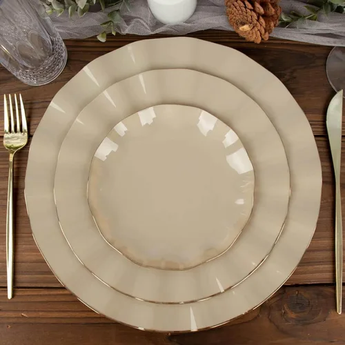 Vista 46 de Efavormart 10 Pack Platos redondos de plástico negro de 6" para postre y ensalada, platos desechables para aperitivos con borde ondulado dorado