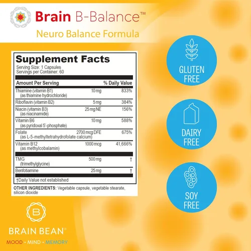 Vista 4 de Brain B Balance: Multivitamínico metilado - Fórmula neurobalance del complejo B metilado - Metilfolato apoya el estado de ánimo.Mind.Memory - 60