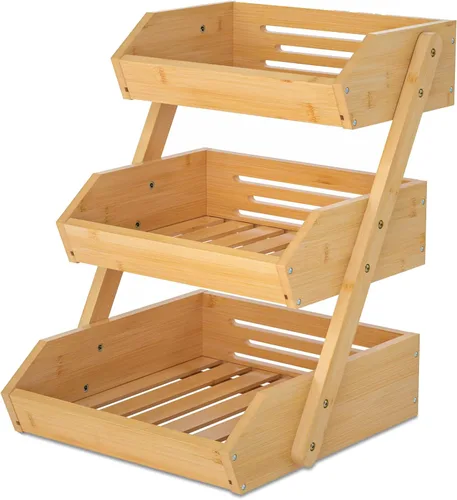 Vista 8 de Cesta de frutas de 2 niveles para cocina, soporte de bambú para almacenamiento de frutas y verduras para encimera de cocina, cesta de productos