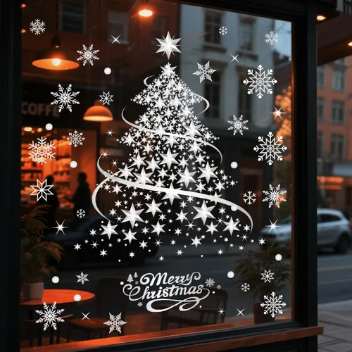 Vista 2 de Decoraciones de Navidad para ventana, calcomanías plateadas para árbol de Navidad, copo de nieve, calcomanías de doble cara, decoración de ventana
