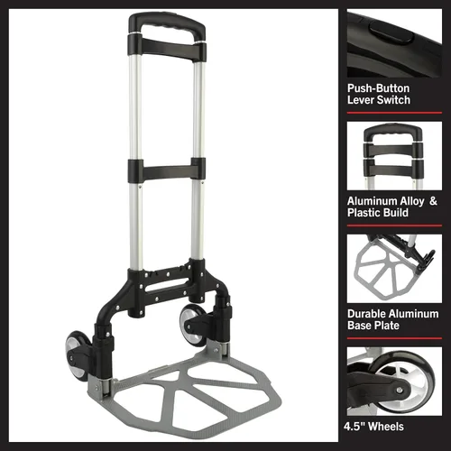 Vista 4 de Carro de mano plegable – Carrito Dolly con capacidad de 154 libras – Carro plegable de aluminio ligero y compacto con mango telescópico para mover