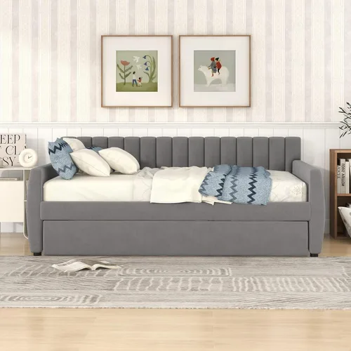 Vista 3 de Merax Sofá cama de tamaño matrimonial con nido, sofá cama tapizado gris y soporte de listones de madera, no necesita somier