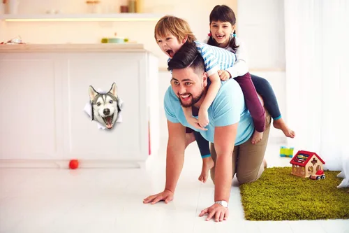 Vista 3 de Winston & Bear Calcomanías 3D para perros, paquete de 2 unidades, diseño de Husky feliz para pared, nevera, inodoro y más, calcomanías de pared