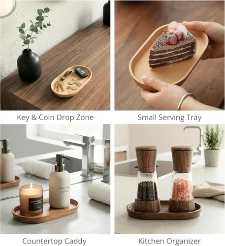 Vista 4 de Vandroop Mini bandeja de madera para servir para fiestas, bandeja de mesa de té y café, pequeño plato ovalado de madera para frutas y aperitivos