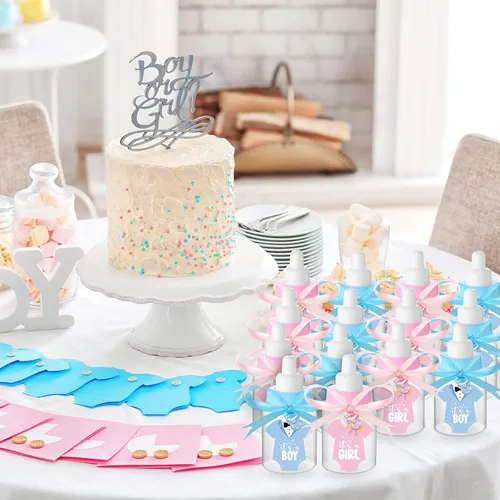 Vista 6 de 162 piezas de revelación de género para baby shower, 48 mini botellas de leche de plástico para bebé, 48 mini chupetes de plástico, 64 calcomanías