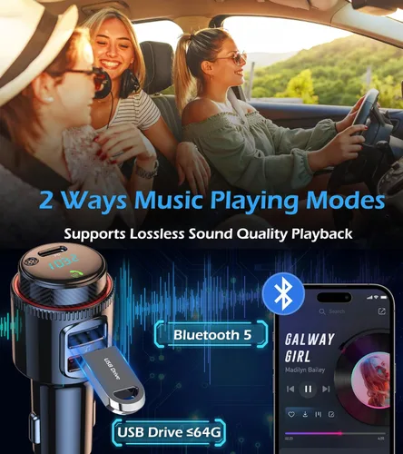 Vista 3 de LIHAN Transmisor FM Bluetooth 5.4 para automóvil, adaptador AUX inalámbrico con USB-C PD 30W y QC3.0 18W carga rápida dual, ecualizador de graves