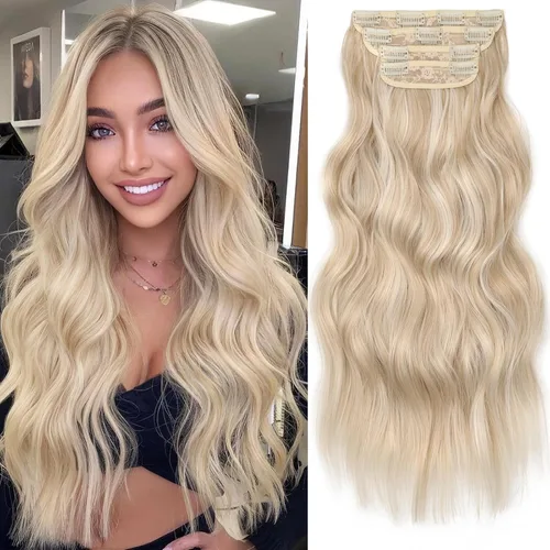 Vista 27 de KooKaStyle Extensiones de cabello sintético con pinzas, largo, ondulado, grueso, balayage, marrón chocolate a rubio caramelo, fibra 10H26
