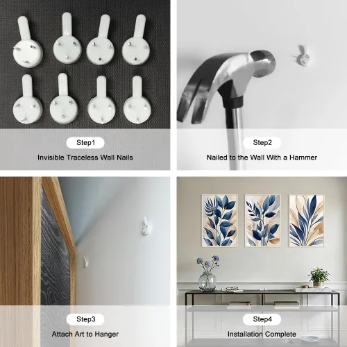 Vista 6 de HOURIA Navy Blue Neutral Tan Leaf Framed Canvas Wall Art Set,Wabi Sabi Boho Mid Century Leaves Wall Decor,Modern Abstract Minimalist Beige Botanical